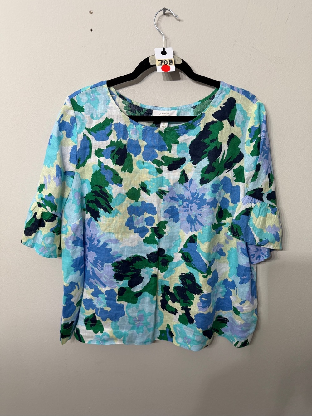 Women’s Charter Club XL 100% Linen Blue Green Floral Blouse Bell Sleeve